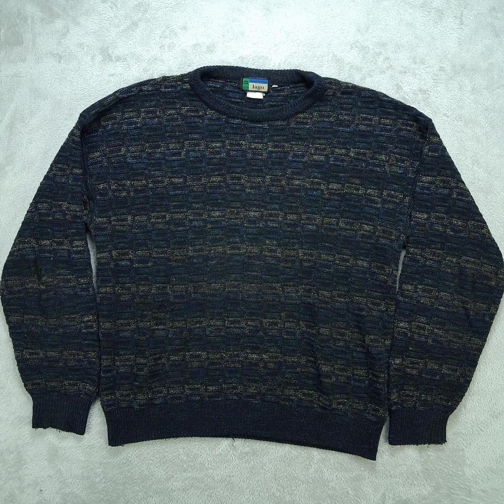 Lago Mens Vintage Made in Italy Textured Knit Crewneck Sweater Navy Blue XL